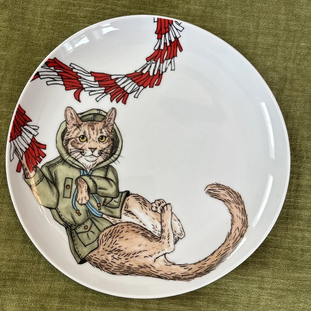 West Elm Rachel Kozlowski Dapper Animal Holiday‎ Cat Set Of 2 Salad Plates 8.5